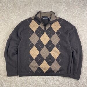 Daniel Bishop Mens 100% Cashmere Argyle Quarter Zip Sweater Brown Large